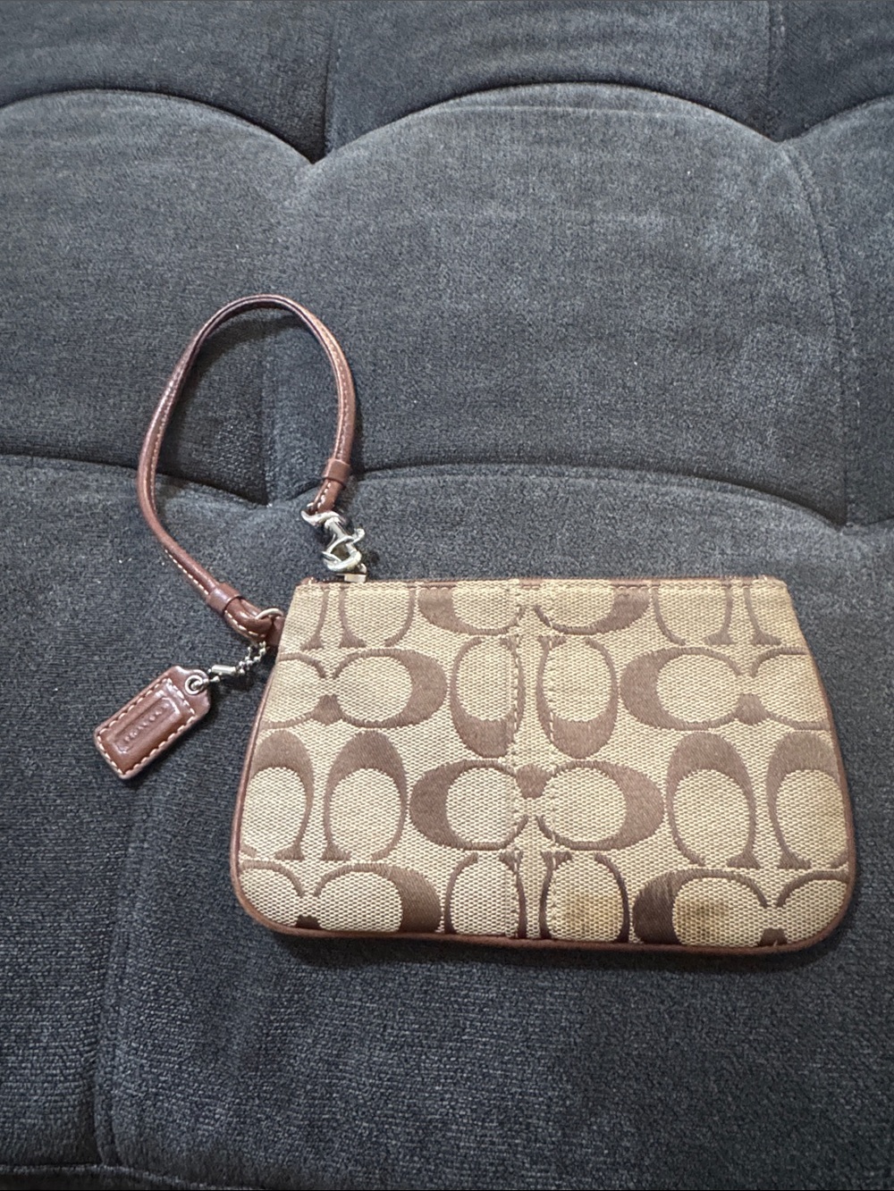 Coach Brown/Tan Signature Canvas Wristlet with Leather Strap